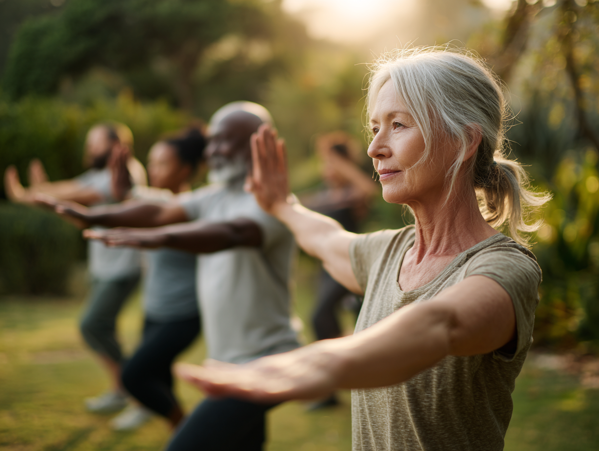 Група людей різного віку займається фізичними вправами на свіжому повітрі