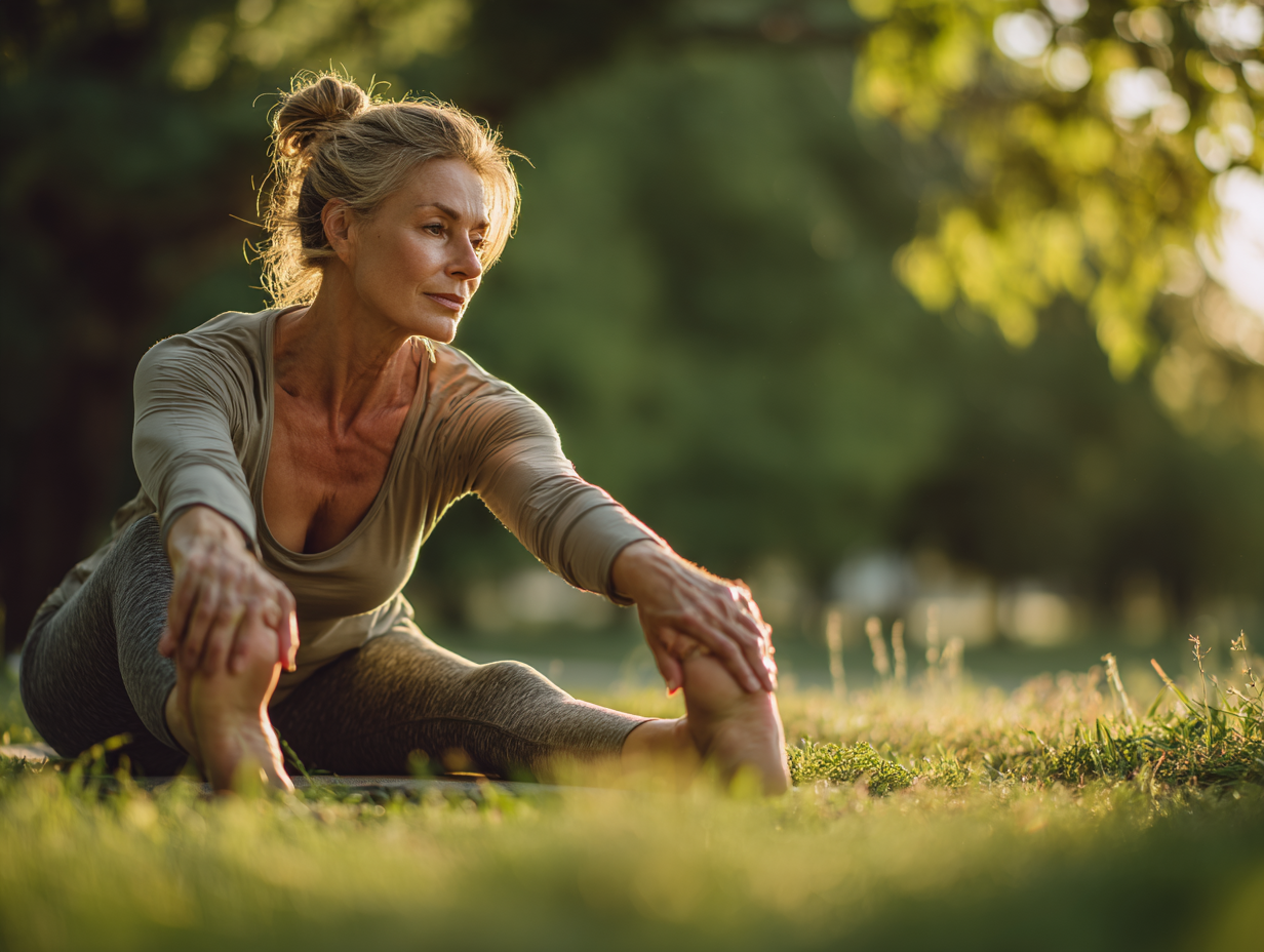 Старша жінка займається йогою на природі